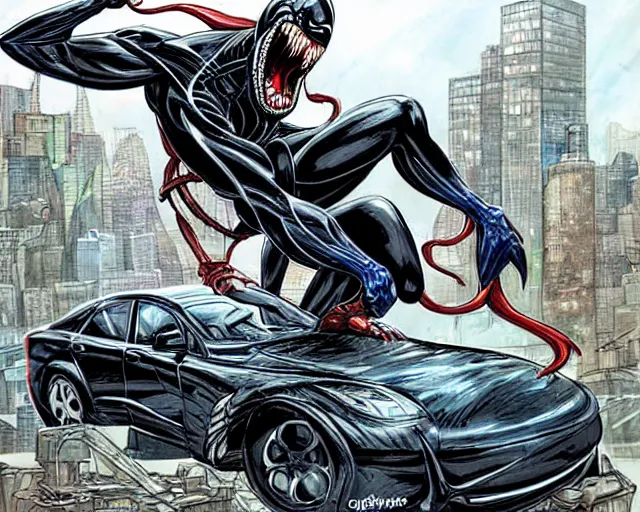 Image similar to Venom standing on top of a wrecked car in the city, open arms art by Gerardo Sandoval, Ultra detailed, hyper realistic,