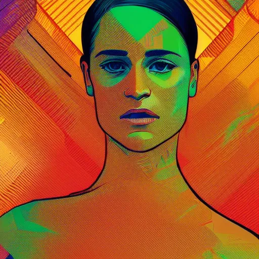 Image similar to ( ( dither ) ), editorial illustration portrait of alicia vikander in a spacestation interior, dynamic pose, modern art deco, colorful, ( ( mads berg ) ), christopher balaskas, victo ngai, rich grainy texture, detailed, dynamic composition, wide angle, matte print, alphonse mucha, ( ( glitch art pixel sorting ) )