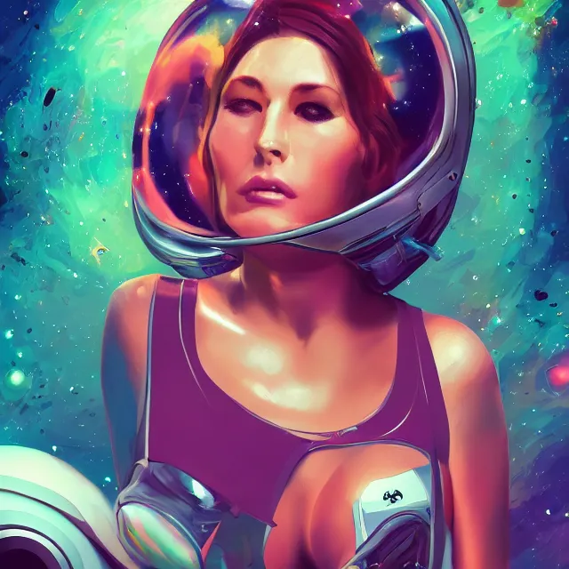 Prompt: - a seductive women with astronaut helmet, standing on the edge of the universe trying to make sense of the world with psychedelic backgrounds, 4 k, trending on artstation, renaissance
