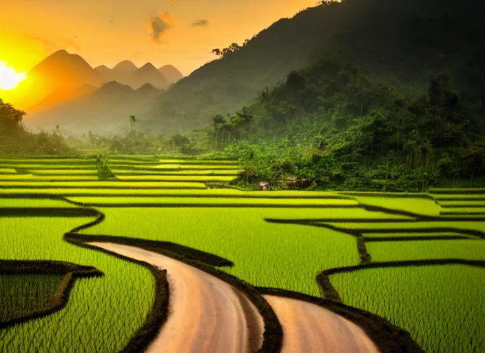 Prompt: a road between rice paddy fields, two big mountains in the background, big yellow sun rising between 2 mountains, indonesia national geographic, award winning dramatic photography