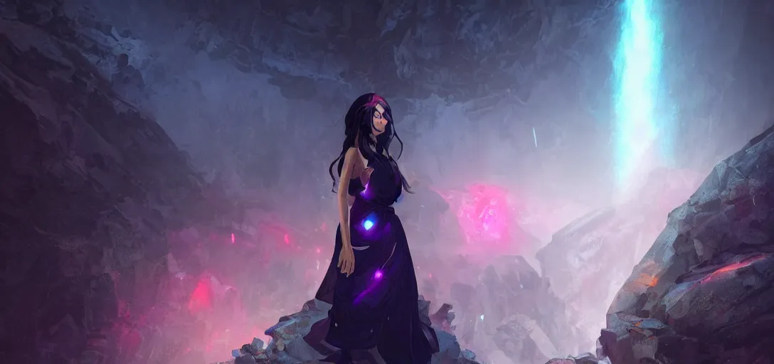 Prompt: Full body portrait of a Himalayan woman in a sleeveless dress,exploring a long sci fi cave with glowing crystals, dark colors, ominous, somber, detailed, by Studio trigger, wojtek fus, by Makoto Shinkai and Ilya Kuvshinov
