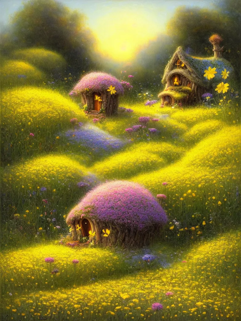 Prompt: a whimsical fairy house in a field of white and yellow of flowers Justin Gerard, morning light