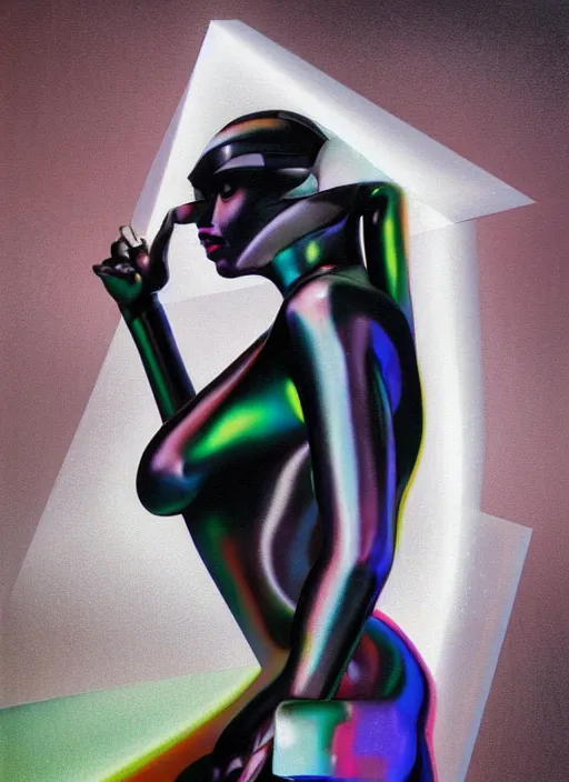 Image similar to futuristic lasers tracing, colorsmoke, fullbodysuit, pyramid hoodvisor, raindrops, wet, oiled, beautiful cyborg girl, by steven meisel, kaws, rolf armstrong, mondrian, kandinsky, perfect geometry abstract acrylic, octane hyperrealism photorealistic airbrush collage painting, monochrome, fluorescent colors, minimalist rule of thirds, eighties eros