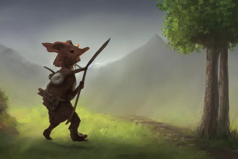 Image similar to a lone kobold carrying a bindle stick, traveling long dirt road, d & d, fantasy setting, 4 k, digital art