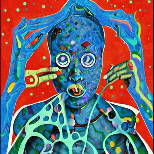 Image similar to A collage. A rip in spacetime. Did this device in her hand open a portal to another dimension or reality?! cosmic horror by Faith Ringgold, by Alexander Milne Calder vivid