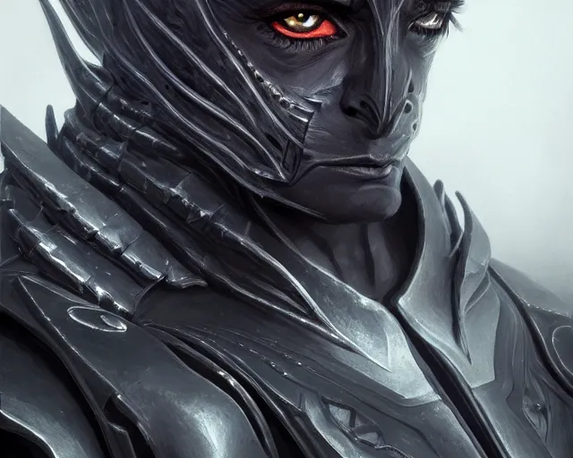 Image similar to extreme close up portrait of a dark elf in futuristic black leather armor, reflective black, bottom up lighting, stoic, poised, deep focus, d & d, fantasy, intricate, highly detailed, digital painting, artstation, concept art, matte, sharp focus, illustration, hearthstone, art by artgerm and greg rutkowski and alphonse mucha