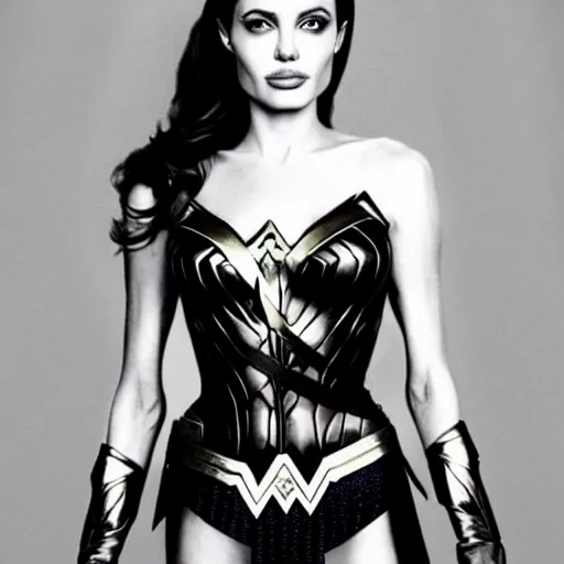 Image similar to young angelina jolie as wonder woman, photorealistic, photographed in the style of annie leibovitz - h 6 4 0