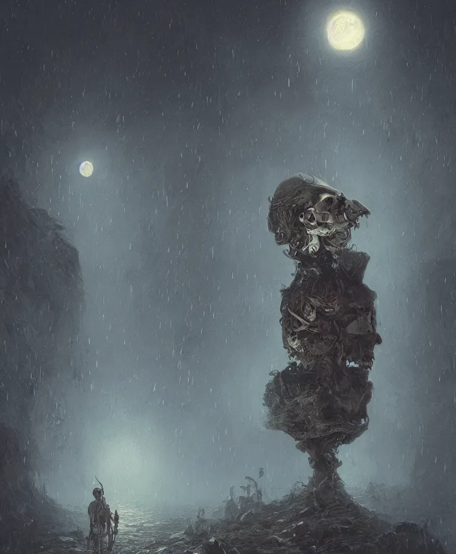 Prompt: portrait skull, raining, moon, illustrated by Simon Stålenhag and Gaston Bussiere, beautiful volumetric lighting style atmosphere, intricate, ultra detailed, photorealistic, trending on artstation