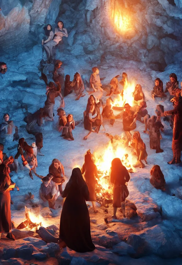 Prompt: epic leader pregnant woman talking to all her tribe around a bonfire, proud people looking at the pregnant woman, ice cave, facinating, fantasy digital art, octane render, beautiful composition, trending on artstation, coherent, masterpiece