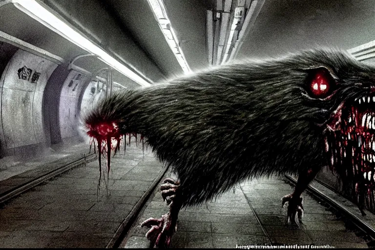 Image similar to very large giant mutant zombie irradiated ( angry rat ) staying on railways in tonnel of moscow subway. tonnel, railways, giant angry rat, furr, fangs, claws, very realistic. fog, extreme long shot, herman nitsch, giger.