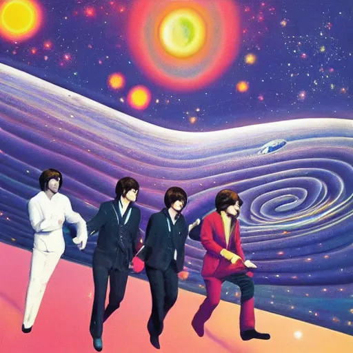Prompt: Liminal space in outer space, The Beatles album cover art!!