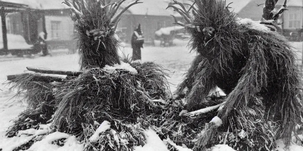 Image similar to 1 9 2 0 s photography of krampus hay monster burning on a pyre, submerged in snow