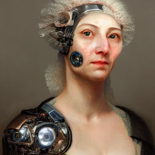 Prompt: Ultra detailed, 4K Portrait of a cyborg woman by Rachel Ruysch