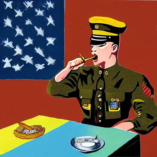Image similar to usmc sargent eating crayons, realistic, illustration