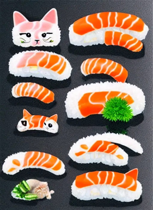 Image similar to clear photorealistic picture of adorable cats made out of sushi