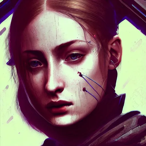 Image similar to sophie turner, streetwear, techwear, cyberpunk style outfit, nose piercing, detailed portrait, intricate complexity, by greg rutkowski, cushart krentz, artgerm, ross tran, conrad roset, takato yomamoto, ilya kuvshinov. 4 k, beautiful, cinematic dramatic atmosphere, portrait lighting