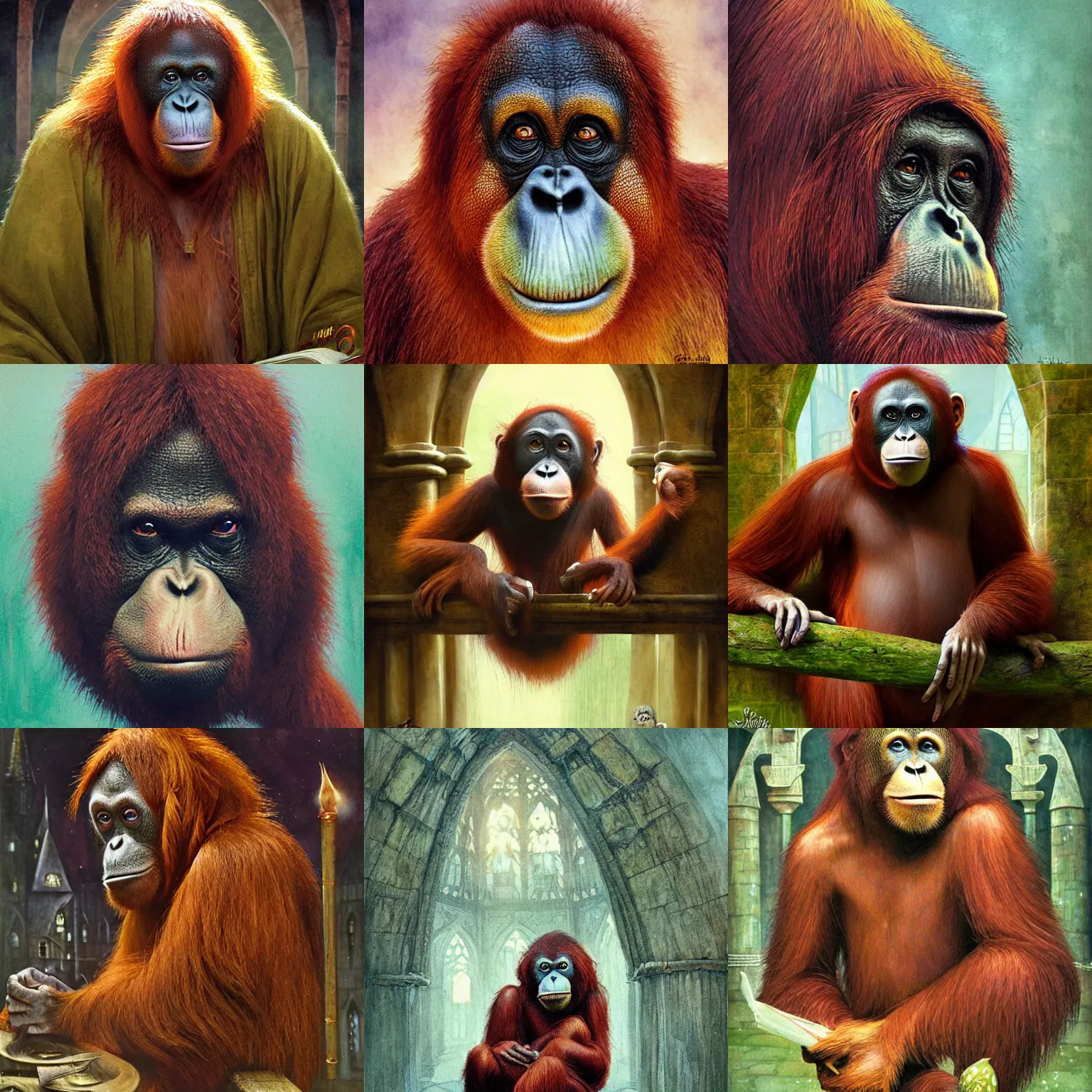 Prompt: Orangutan as a Libarian in Hogwarts, School of Witchcraft and Wizardry, detailed, hyperrealistic, colorful, cinematic lighting, digital art by Paul Kidby and Jim Kay