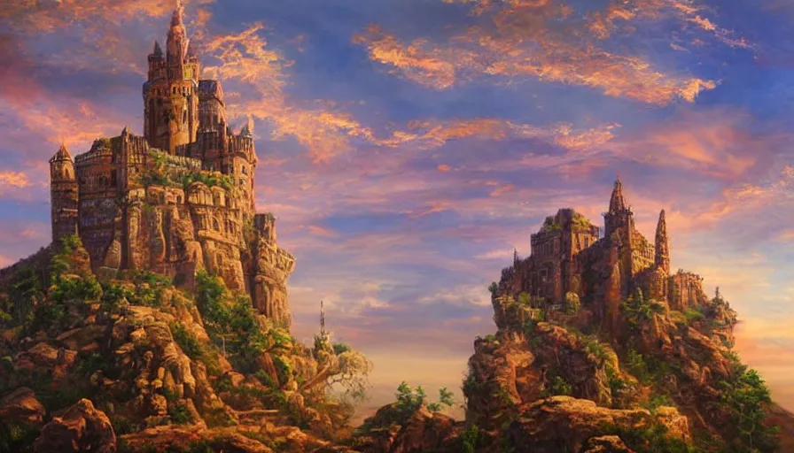 Prompt: Gorgeous monumental castle on a cliff\'s edge, fractal structure with spires and towers, sunset with ribbon clouds, detailed oil painting, hyperrealistic