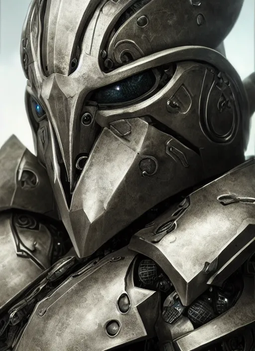 Image similar to close up front view portrait of a futuristic silver armored knight district 9 cyborg, modern fine art, fractal, intricate, elegant, highly detailed, digital photography, subsurface scattering, by jheronimus bosch and greg rutkowski,