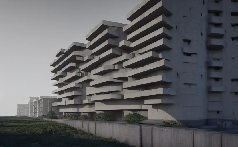 Prompt: brutalist architecture building, apartment complex, octane render, cgsociety, highly detailded, volumetric lighting