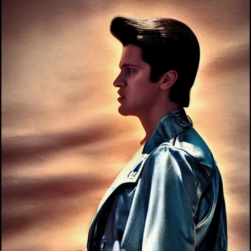 Image similar to young elvis presley dressed in 2 0 2 2, modern clothing, nashville, tennessee, outdoors, portrait, highly detailed, annie liebovitz, cinematic lighting, mucha