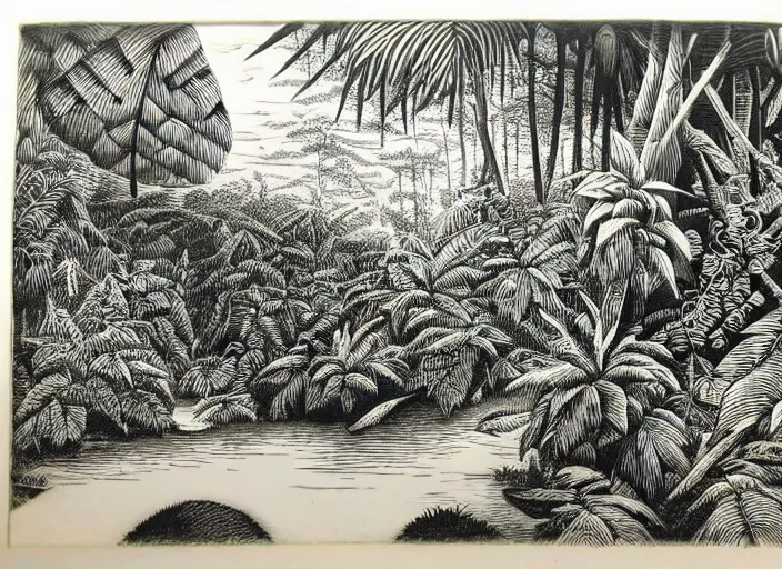 Image similar to a beautiful wood engraving on paper of the jungle