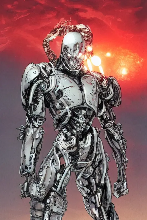 Image similar to cyborg warrior in nanosuit with powerful biological muscle augmentation, at dusk, a color illustration by tsutomu nihei and tetsuo hara