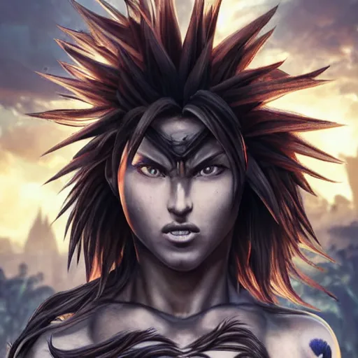 Image similar to warrior girl, muscular girl, wild spiky black saiyan hair, long spiky hair, electrified hair, fistfighting demons, goblins, ultra realistic, intricate details, highly detailed, subsurface scattering, photorealistic, octane render, 8 k, art by artgerm, greg rutkowski, magali villeneuve, alphonse mucha