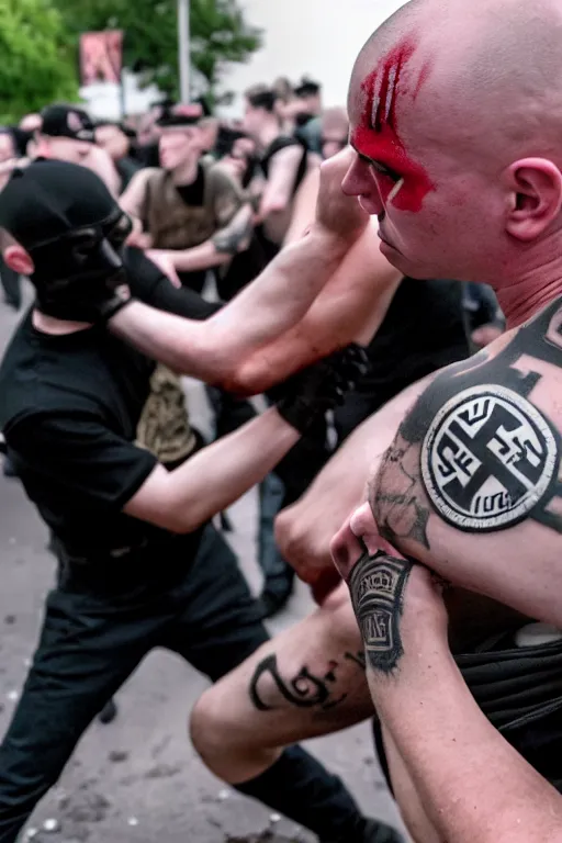 Prompt: nazi skinhead fight with antifa, high resolution, photorealistic, smooth, 4 k, aesthetic lighting, baroque object, sharp focus, hyperdetailed object, professional photography, pullitzer winning, 8 0 0 photo by : canon eos 5 d mark iv, by karah mew and adnan abidi and jodie bateman