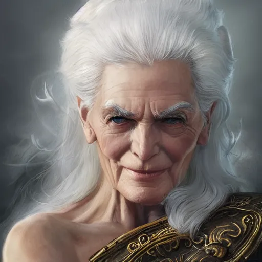 Prompt: elderly greek goddess, white hair, white tunic, carmen dell ’ orefice, regal, art by artgerm and greg rutkowski and magali villeneuve, d & d, fantasy, portrait, highly detailed, digital painting, trending on artstation, concept art, sharp focus, illustration