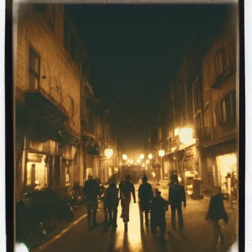 Image similar to a street level Polaroid of a steampunk city street, with people walking on the streets, at night