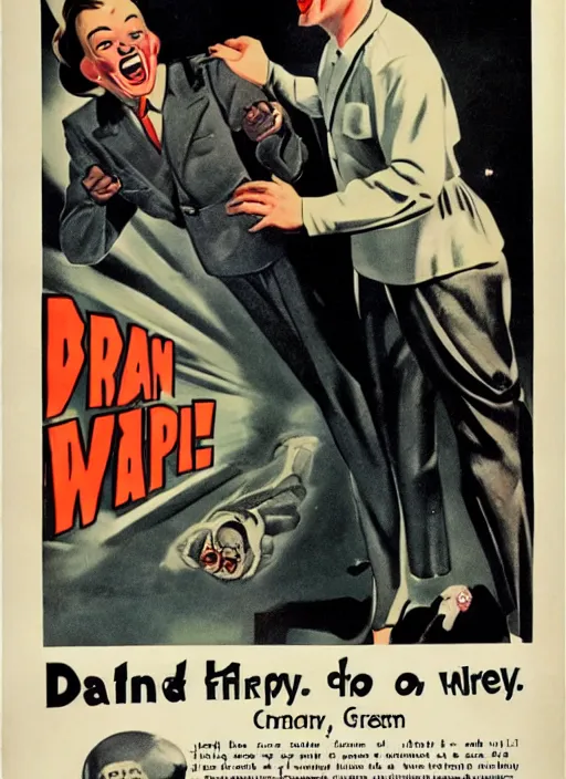 Image similar to creepy Gman with a scary comically large smile, 1940s scare tactic propaganda art