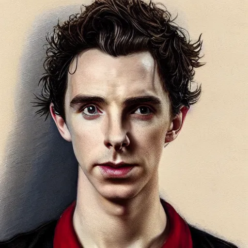 Prompt: portrait of a hybrid of benedict cumberbatch and freddie highmore and timothee chalamet, black shirt with red suspenders, photo realistic, highly detailed, perfect face, art by greg rutkowski