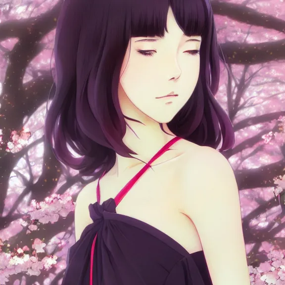 Prompt: anime girl, cherry blossom trees backdrop, art by studio ghibli and ilya kuvshinov, portrait, intricate, cinematic lighting, highly detailed, digital painting, trending on pixiv fanbox, trending on artstation, concept art, sharp focus, illustration art by artgerm and greg rutkowski and alphonse mucha