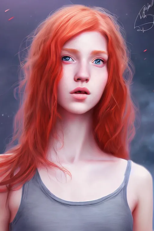 Image similar to ultra realistic style illustration of a cute red haired teen girl, 1 9 year old, sci - fi, fantasy, intricate, elegant, highly detailed, digital painting, artstation, concept art, smooth, sharp focus, illustration, 8 k frostbite 3 engine, ultra detailed