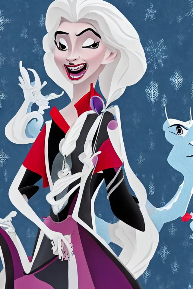 Prompt: still cruella de vil in frozen by disney animation studio, character design,