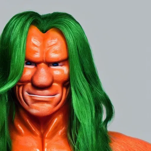 Prompt: photo of a human carrot!!! with a face of arnold schwarzenegger!!! with green hair