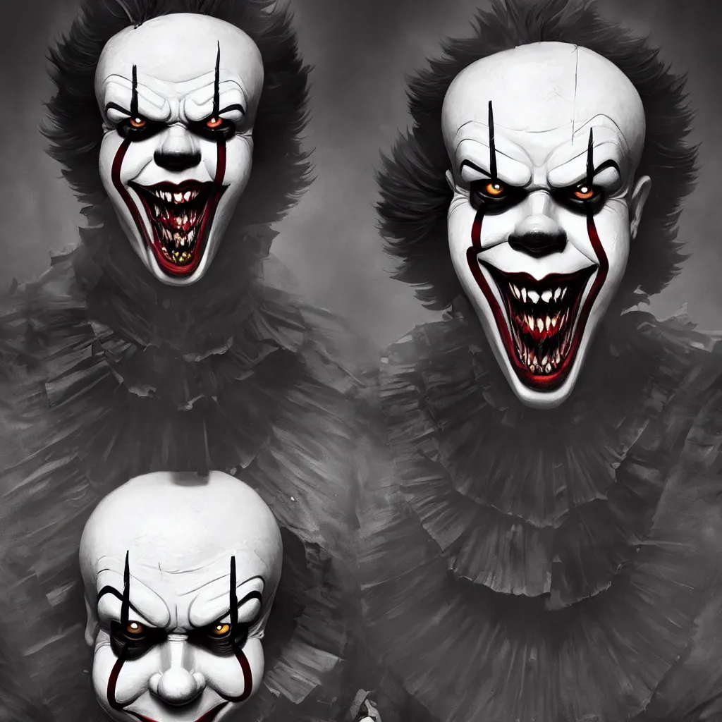 Image similar to symmetry of pennywise mixed with batman from neil gaiman, rpg reference, art by greg rutkowski, artgerm, trending on artstation, octane render, insanely detailed, 8 k, hd