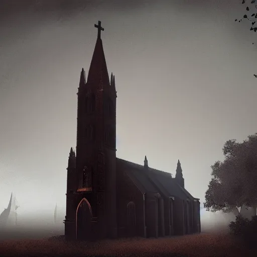 Image similar to victorian church, dark, misty, at night, 8 k, detailed, concept art, trending on artstation