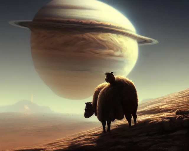 Image similar to 5 5 mm portrait photo of geralt riding an alpaca on the surface of io. jupiter is visible in the background. gritty fantasy atmosphere. art by greg rutkowski. highly detailed 8 k. intricate. lifelike. soft light. nikon d 8 5 0.