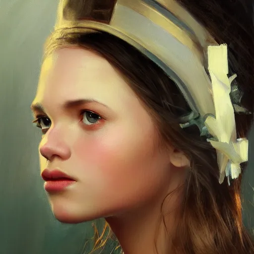 Image similar to A sincere-looking girl, oil on canvas, long white dress ,masterpiece, hi-fructose, artgerm , Norman rockwell, craig mullintrending on pxiv, highly detailed face, clear eyes concept art, hdri, 4k