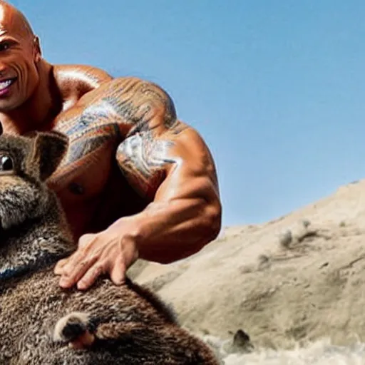 Prompt: Dwayne Johnson riding a giant rabbit