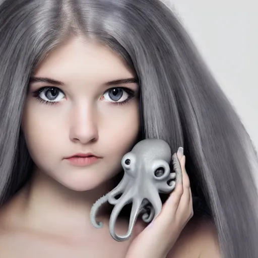 Image similar to A girl with a gray octopus for hair, very young and beautiful face, silver eyes, HD, hyper realistic