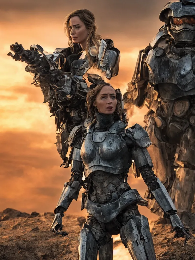 Image similar to emily blunt in futuristic power armor, alone, standing atop a hill, raising her sword, edge of tomorrow movie, angel of verdun, sunset