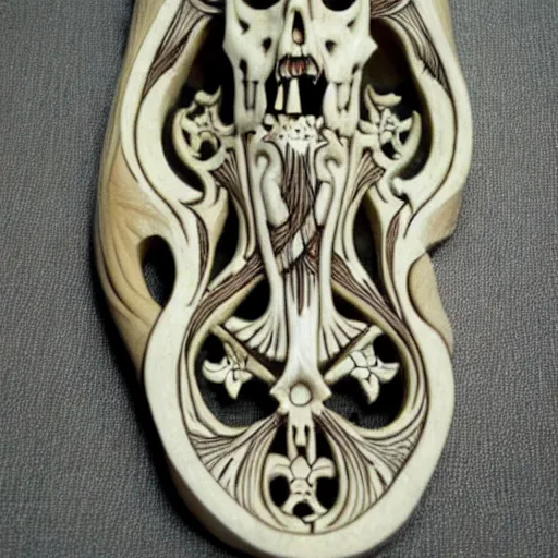 Image similar to memento mori detailed art nouveau bone carving by arthur rackham, gothic, intricately carved antique bone, skulls