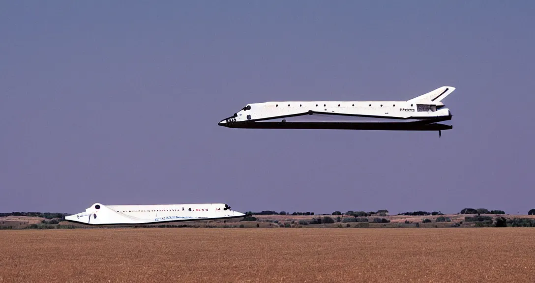 Prompt: ''the Hermès ESA 1980s spaceshuttle gliding above the Camargue region of southern france ''