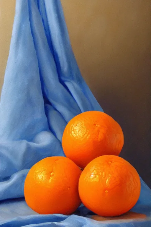 Prompt: A beautiful still life oil painting of Oranges lying on a blue silk cloth, volumetric lighting, summer, hyperrealistic, colorful, hyperdetailed.