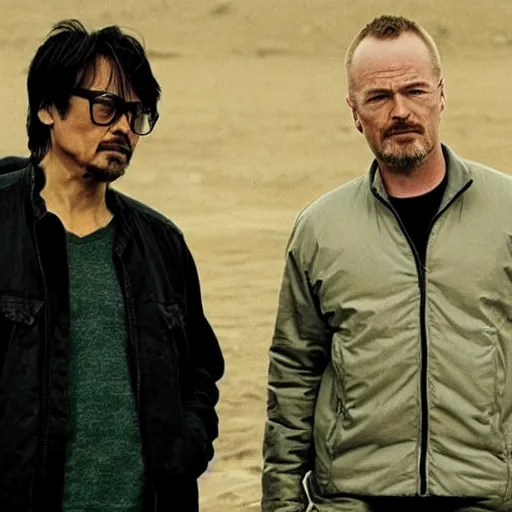 Image similar to Hideo Kojima and Christopher Nolan in Breaking Bad film still