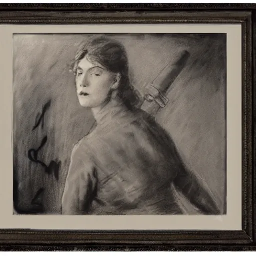 Image similar to ww 1 action heroine by alfred stevens in charcoal