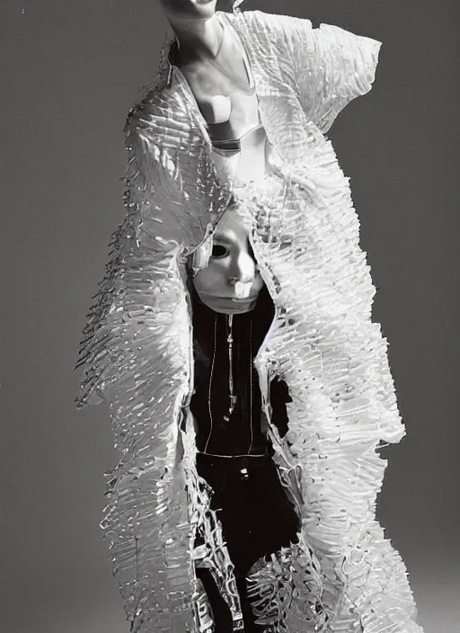 Image similar to a portrait of a japanese model detailed features wearing a wedding dress - chic'techno fashion trend lots of zippers, pockets, synthetic materials, jumpsuits. - by issey miyake by ichiro tanida and mitsuo katsui